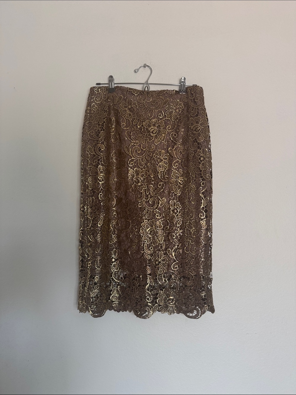 White House Black Market Gold Lace Midi Skirt